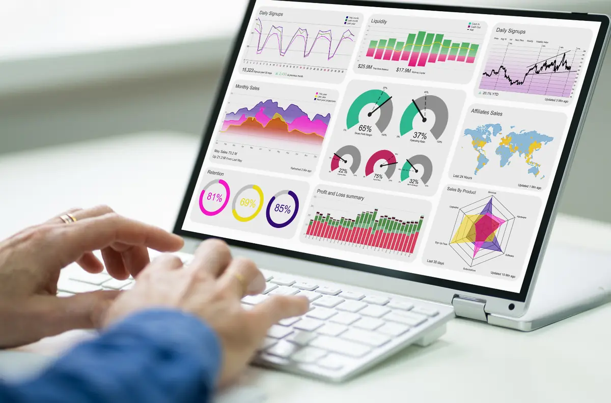 Laptop đang hiển thị biểu đồ hiệu suất website