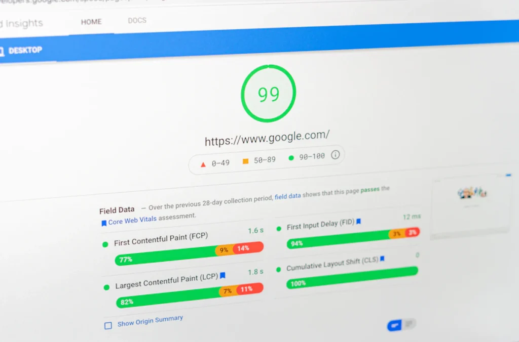 PageSpeed Insights report showing a high performance score