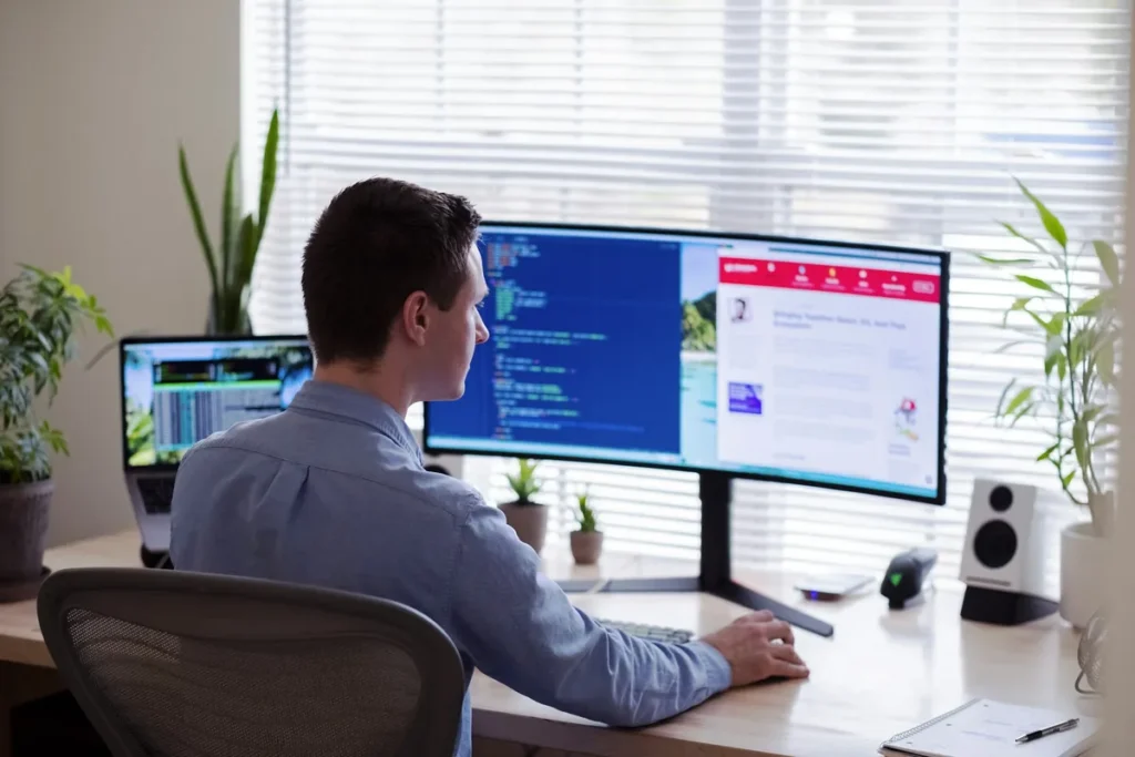 Developer reviewing code on a wide monitor