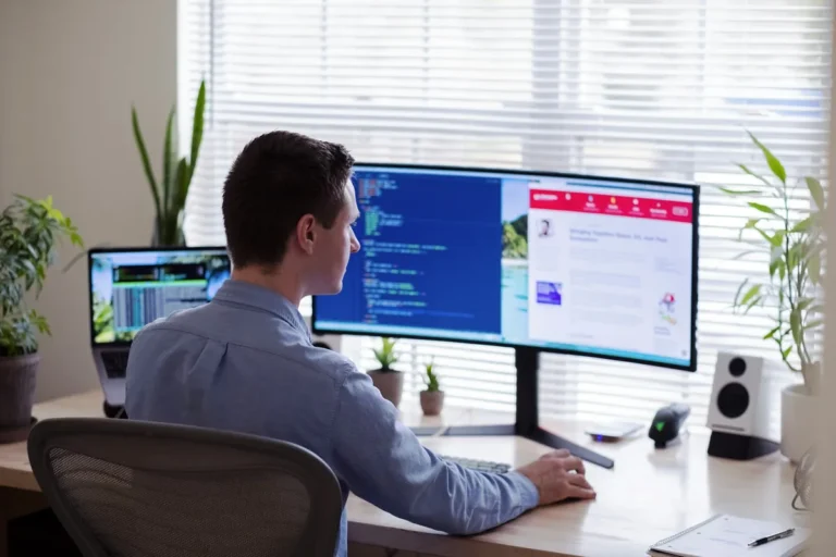 Developer reviewing code on a wide monitor